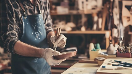 Wall Mural - A craftsman carefully applies paint to a small ceramic object in his workshop.