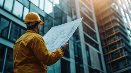 Construction Worker Examining Blueprint