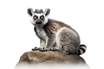 Wall Mural - A lemur cat perched on a smooth rock, its tail curled around its body and its eyes alert isolated on white background