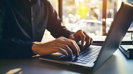 Poster - Close-up of a person's hands typing on a laptop.