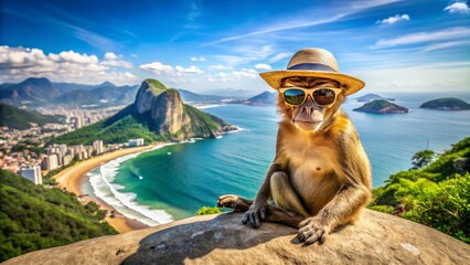 A photo image of a playful monkey wearing a straw hat and sunglasses, sitting on a rock overlooking the vibrant beaches of Rio de Janeiro.