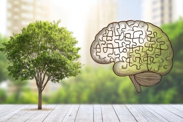 Canvas Print - Behavioral conditioning Creativity Tree with a brain made of puzzle pieces symbolizing the interconnectedness of nature and human intelligence in the context of environmental consciousness