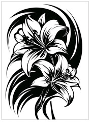 Canvas Print - A black and white drawing of two lilies with a black and white background