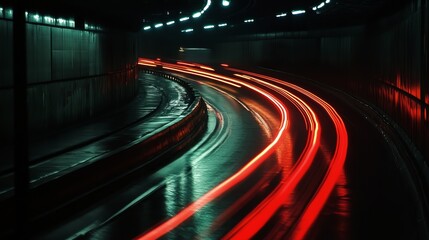 Illuminated streaks pierce the darkness, their path illuminated by the motion of vehicles. 