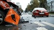 © Arzu - Two damaged cars collide on the road, with an insurance shield sign indicating the impact. The traffic accident occurs at a crossroad, where the vehicles' front bumpers crash due to fast driving. The