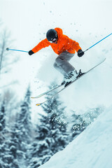 A man in an orange jacket is skiing down a snowy slope