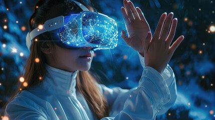 Poster - A girl wearing VR glasses is holding her hands up, with holographic data and virtual reality elements around them. The background features dark blue tones. Generative AI.