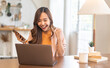 © Art_Photo - Young smiling asian woman happy relax use laptop conference work,learning, education, shopping, study online, webinar, online marketing, business, blog, digital internet advertising at home
