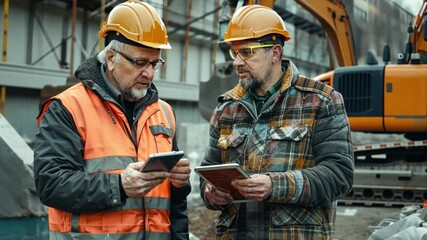 Wall Mural - An engineering manager showing a foreman project updates on a tablet, both in safety vests and helmets, amidst construction equipment