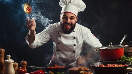 Wall Mural - A happy male chef tosses food in the air while cooking in a kitchen.