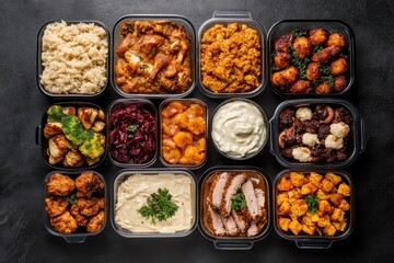 Wall Mural - Thanksgiving Leftovers: A creative flat lay of leftover Thanksgiving dishes neatly packed into containers, ready to be stored or given away. The image showcases the delicious variety of foods that rem