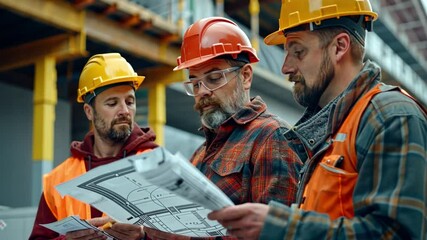 Wall Mural - A dynamic team of an engineering manager, project consultant, and foreman reviewing construction progress with blueprints in hand, all wearing safety gear