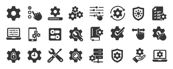 Setting glyph solid icons collection. Containing setup, configuration, update, maintenance. Minimal icon and symbol series vector illustration
