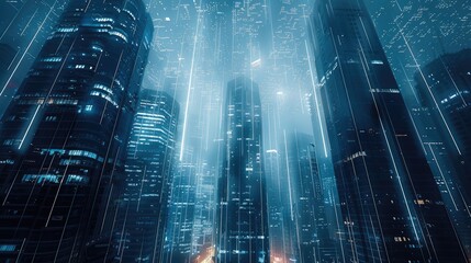 Leinwandbilder - Technology, city, data. Smart city with wireless network connection and cityscape. Generative AI.