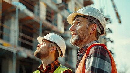 Wall Mural - An engineering manager and foreman in safety helmets and reflective vests, using a tablet to discuss project details at a construction site