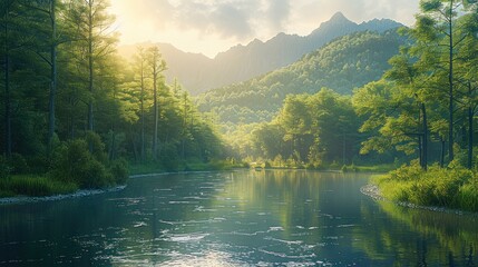 Wall Mural - A tranquil river winding through a dense forest at the base of a mountain range, with soft sunlight filtering through. Generative AI.