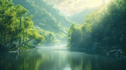 Poster - A tranquil river winding through a dense forest at the base of a mountain range, with soft sunlight filtering through. Generative AI.