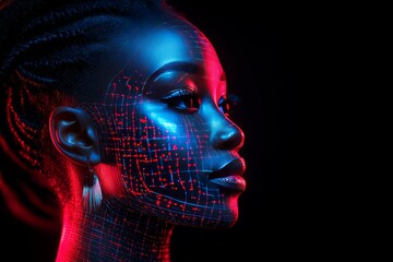 Wall Mural - Brain plasticity Brain stimulation Woman with glowing digital circuits on her face representing the fusion of technology and humanity or the concept of digital identity in a futuristic world