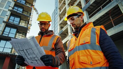 Wall Mural - A dynamic team of an engineering manager, project consultant, and foreman reviewing construction progress with blueprints in hand, all wearing safety gear