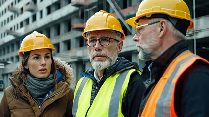 Wall Mural - Foreman explaining site plans to an engineering manager and project consultant, with all three in safety helmets and reflective vests.