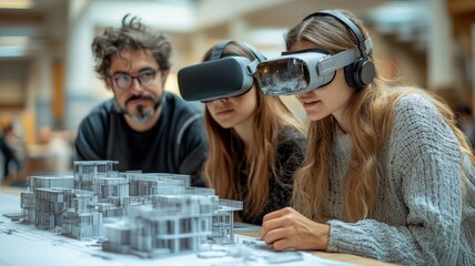  A team of architects discussing a project, with AI-generated floor plans and virtual reality headsets on the table, blending human creativity with AI technology. Generative AI