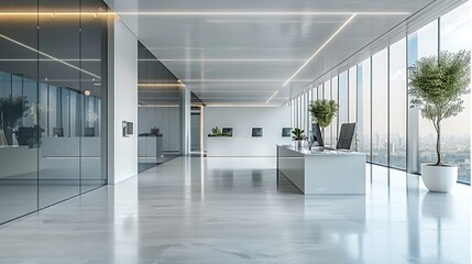 Wall Mural - Modern office. open space business office with wooden furniture, computers, glass partition. Generative AI.