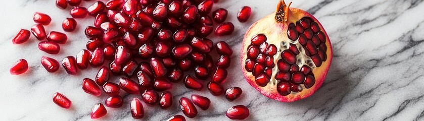 Fresh pomegranate seeds scattered on a marble surface, brain-stimulating snack, antioxidant-rich