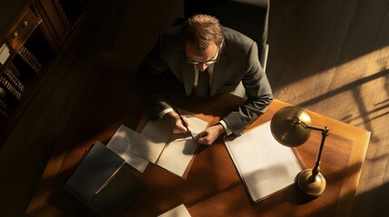 Poster - A lawyer signs important documents at his desk.