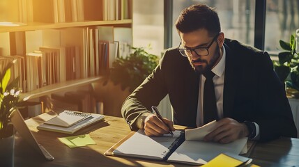 Sticker - A lawyer carefully reviews documents at his desk.