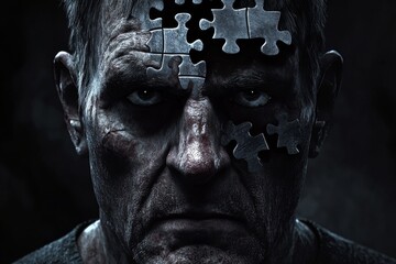 Canvas Print - Mind body connection Neuroethics Dark intense close up of an elderly man’s face with puzzle pieces missing symbolizing memory loss dementia or the fading of self in the twilight of life