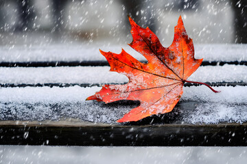 Sticker - Fallen maple leaf on a bench under the snow.