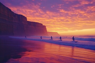 Wall Mural - Surfers ride the waves at sunset. The sky is painted in vivid colors. A serene beach scene captures the beauty of nature and adventure. Stunning views await. Generative AI