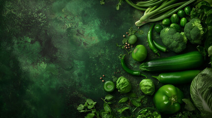 Green vegetables assortment on dark textured background fresh organic greens including cucumber bell pepper broccoli and herbs flat lay healthy food and vegetarian lifestyle concept