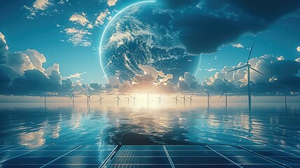 Wall Mural - Wind turbines and solar panels with Earth in the background, highlighting the integration of renewable energy sources for a sustainable future. Generative AI.