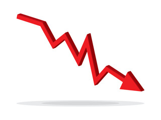 Red 3d arrow going down stock icon on white background. Bankruptcy, financial market crash icon for your web site design, logo, app, UI. graph chart downtrend symbol.chart going down sign.