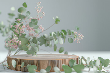 Poster - Wooden podium for product advertising with eucalyptus branch and flowers in grey background. Empty showcase and green leaves. Eco spa and beauty presentation mockup. Natural cosmetic exhibition.


