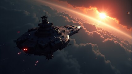 Wall Mural - a space ship in the sky with the sun behind it