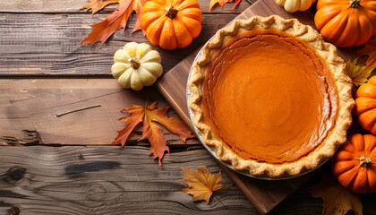 Wall Mural - Fresh delicious homemade pumpkin pie on wooden background. Space for text