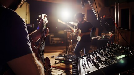 Two musicians jam in a recording studio, one playing a bass guitar, the other on a guitar.