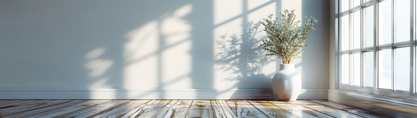 An empty, light grey wall in a Scandinavian-inspired interior, with wooden floors and minimalistic decor, perfect for a clean, minimalist mockup.