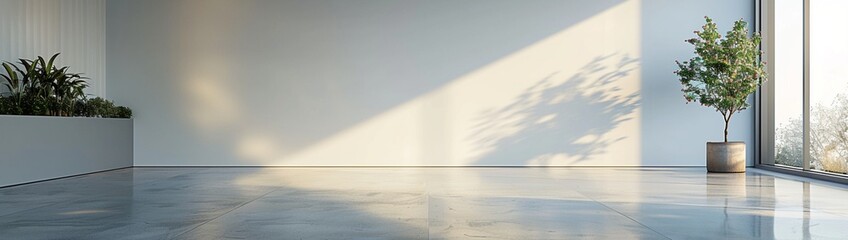 An empty, white wall in a minimalist hallway, with polished concrete floors and soft, natural light, ideal for a sleek, modern mockup.