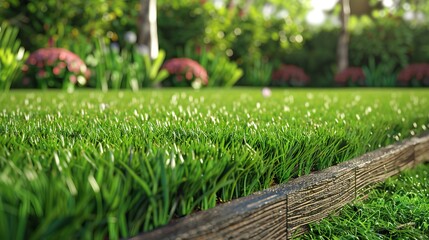 Wall Mural - A lush green lawn with a wooden border