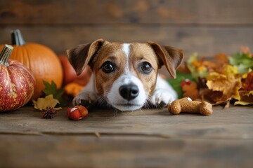 Wall Mural - Thanksgiving with Pets: A playful scene where a dog or cat is involved in the Thanksgiving festivities, perhaps sitting by the table with a small treat, or wearing a cute fall-themed bandana. The imag