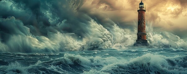 Wall Mural - Lighthouse enduring stormy sea with dramatic waves and cloudy sky. Free copy space for banner.