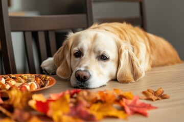 Wall Mural - Thanksgiving with Pets: A playful scene where a dog or cat is involved in the Thanksgiving festivities, perhaps sitting by the table with a small treat, or wearing a cute fall-themed bandana. The imag