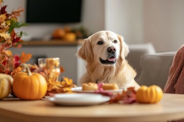 Wall Mural - Thanksgiving with Pets: A playful scene where a dog or cat is involved in the Thanksgiving festivities, perhaps sitting by the table with a small treat, or wearing a cute fall-themed bandana. The imag