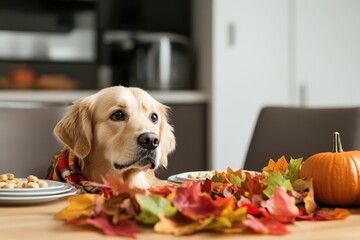 Wall Mural - Thanksgiving with Pets: A playful scene where a dog or cat is involved in the Thanksgiving festivities, perhaps sitting by the table with a small treat, or wearing a cute fall-themed bandana. The imag