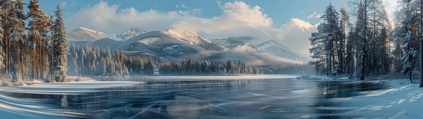 A panoramic view of a frozen lake with a blanket of snow covering the surface, surrounded by snow-capped trees and distant mountains.