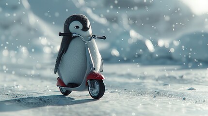 Canvas Print - A penguin on a scooter in a snowy landscape