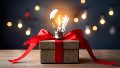 Poster -  Light Bulb on Gift Box with Red Ribbon- A light bulb is elegantly placed atop a gift box ad_1(225)